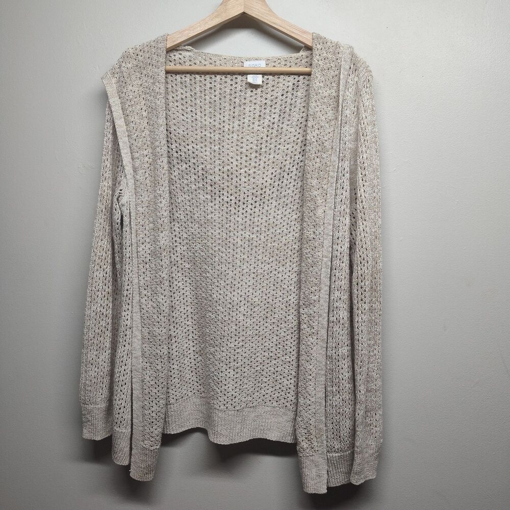 Sigrid Olsen Cardigan Sweater Women Size XL Tan Crochet Open Hooded Fall Casual